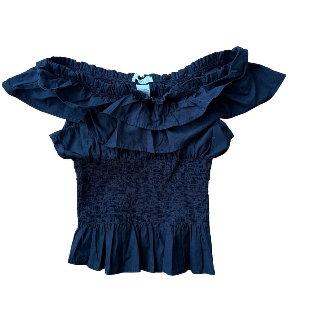 Y2K Black Off Shoulder Smocked Cropped Top L 90's Indie Sleeze Whimsygoth Ruffle